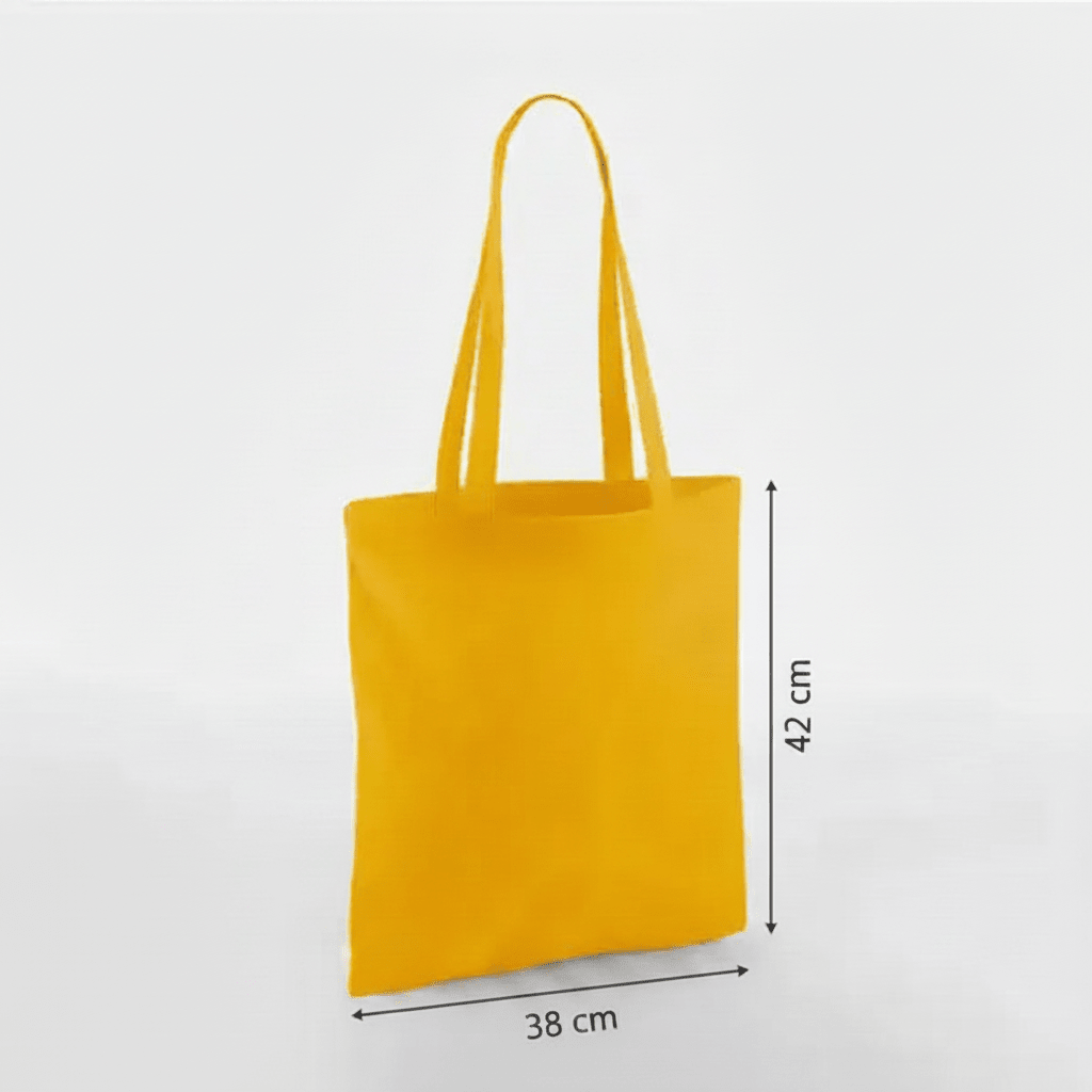 Bolsa de algodón clásica con asas largas, color amarillo mostaza, con estampado personalizado, 38 × 42 cm, con marcas de altura y anchura