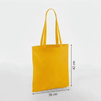 Bolsa de algodón clásica con asas largas, color amarillo mostaza, con estampado personalizado, 38 × 42 cm, con marcas de altura y anchura