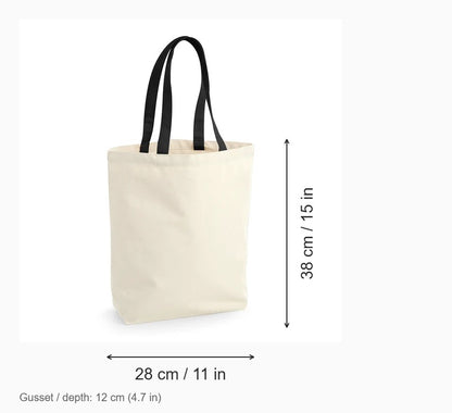Natural Fairtrade Cotton Camden Shopper with black handles, 407 g/m², with measurements: 28 cm wide, 38 cm high, 12 cm gusset