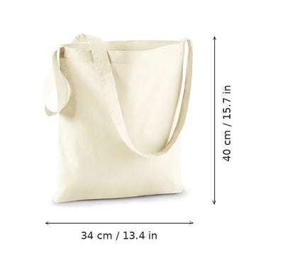Luonnonvalkoinen kangaskassi olkahihnalla ja omalla painatuksella, 140 g/m², 34 × 40 cm, mittakuvassa leveys ja korkeus