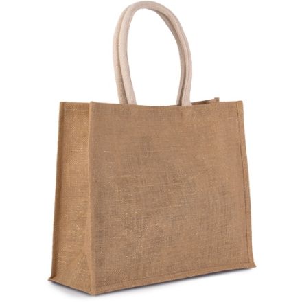 Bolsa de playa de yute crudo natural y dorado con estampado personalizado, 42 × 35 cm, 330 g/m², asas de algodón