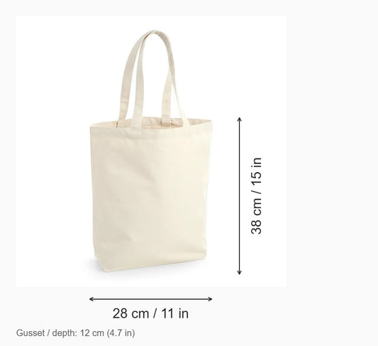 Natural Fairtrade Cotton Camden Shopper, 407 g/m², with measurements: 28 cm wide, 38 cm high, 12 cm gusset