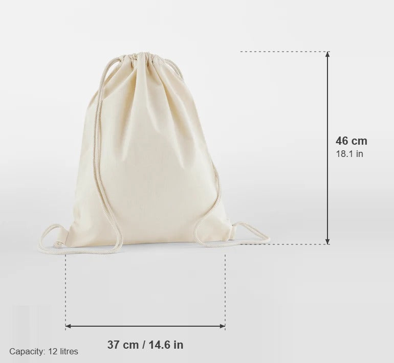 Natural organic cotton gymsac, 140 g/m², with measurements: 37 cm wide, 46 cm high, 12 litres