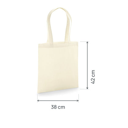 Tote bag en coton bio premium naturel certifié GOTS, 200 g/m², 38 × 42 cm, avec cotes de hauteur et de largeur