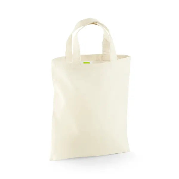 Natural white mini cotton tote bag with short handles and custom logo print, 140 g/m², 26 × 32.5 cm