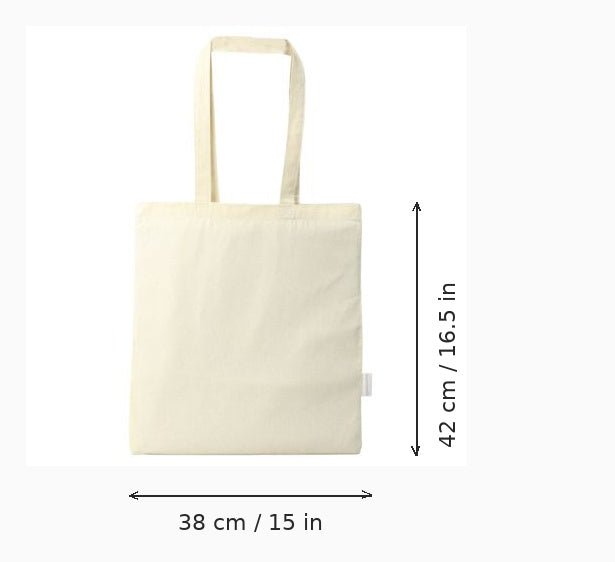 An off-white canvas tote bag with dimension markings showing a height of 42 cm (16.5 in) and a width of 38 cm (15 in) on a white background.