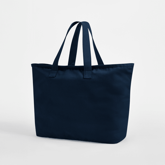 Laivastonsininen oversized kangaskassi kestävää 475 g/m² puuvillacanvasta, 47 × 40 × 17 cm, valmiina omalla painatuksella