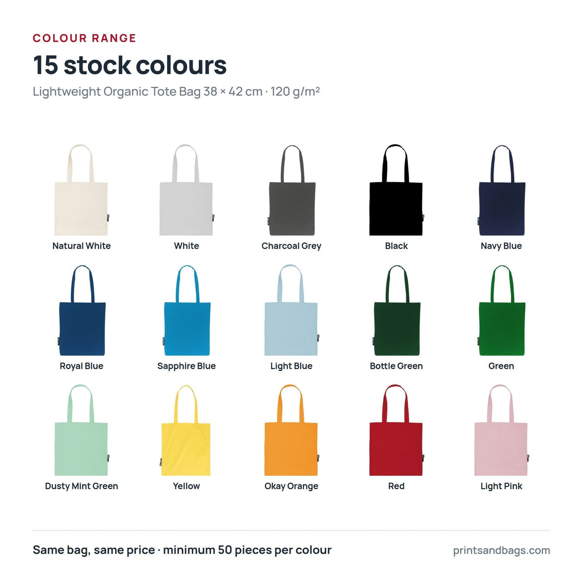 Tutti i 15 colori disponibili della borsa in tela di cotone bio leggera 38 × 42 cm con stampa del logo, 120 g/m²