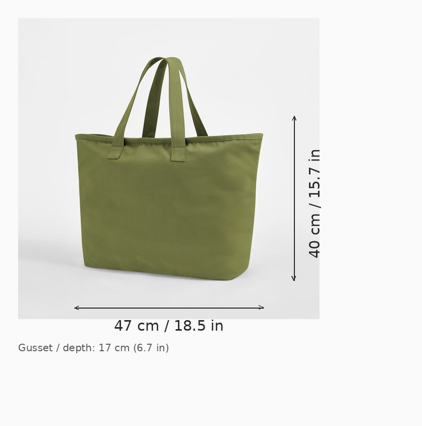 Kirkkaan oliivinvihreän, ylisuuren ja tukevan kangaskassin mittapiirros — leveys 47 cm × rungon korkeus 40 cm, pohjan syvyys 17 cm