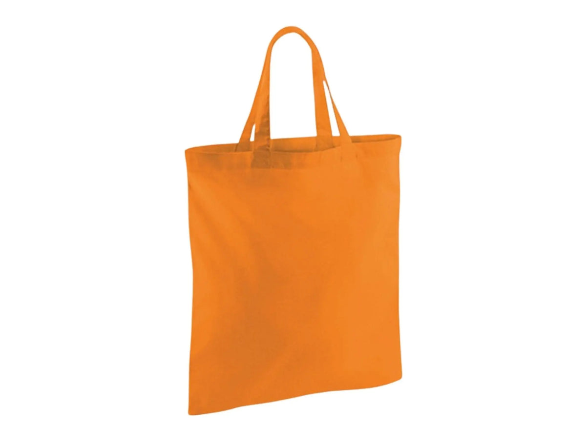 Orange cotton tote bag with short handles and custom logo print, 140 g/m², 38 × 42 cm