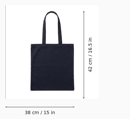 Black cotton tote bag with logo print, 220 g/m², 38 x 42 cm — dimension diagram showing width and height measurements
