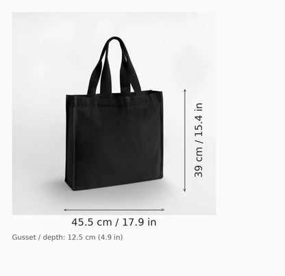 Schwarzer Jutebeutel aus recycelter Baumwolle (Chevron Handle Shopper), 407 g/m², 45,5 x 39 x 12,5 cm – Maßdiagramm mit Breite, Höhe und Falten-/Bodentiefe