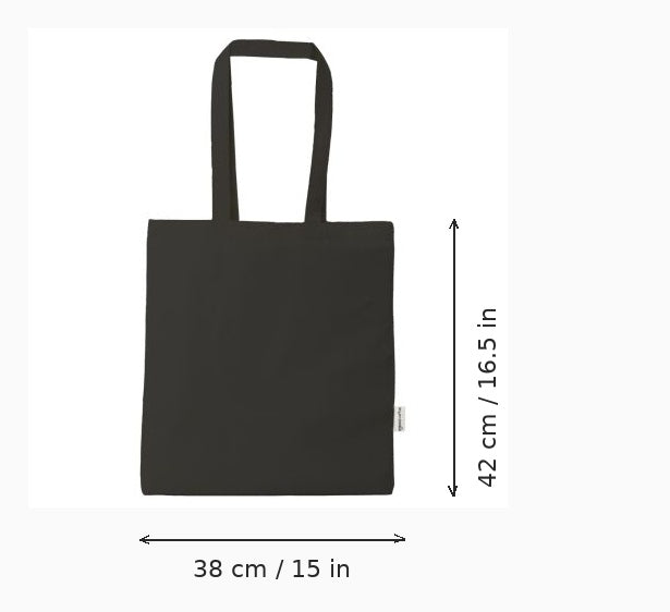 Black organic cotton tote bag with custom print, 38 x 42 cm (15 x 16.5 in), showing width and height measurements