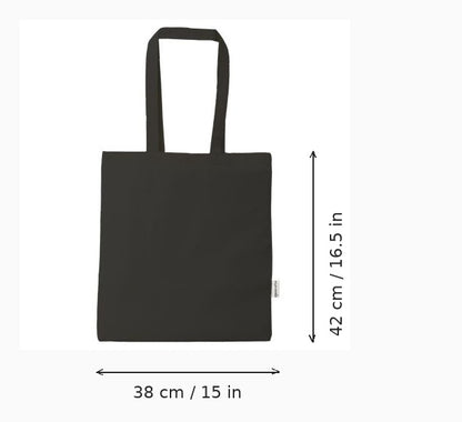 Black organic cotton tote bag with custom print, 38 x 42 cm (15 x 16.5 in), showing width and height measurements