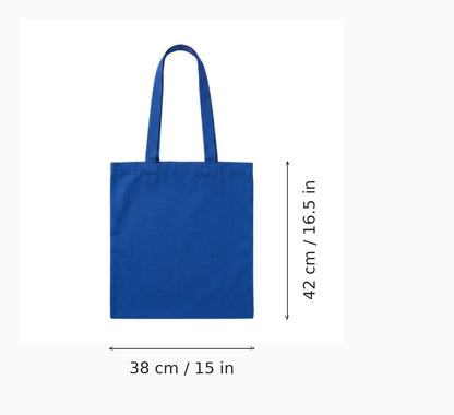 Blue cotton tote bag with custom print, 220 g/m², 38 x 42 cm — dimension diagram showing width and height measurements
