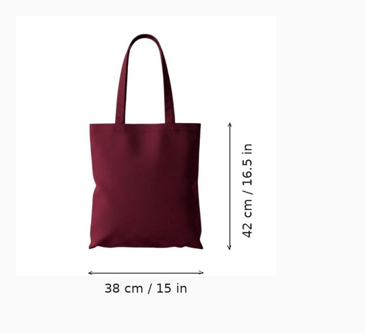 Burgundy budget cotton tote bag with custom print, 38 x 42 cm (15 x 16.5 in), shown with width and height measurement arrows