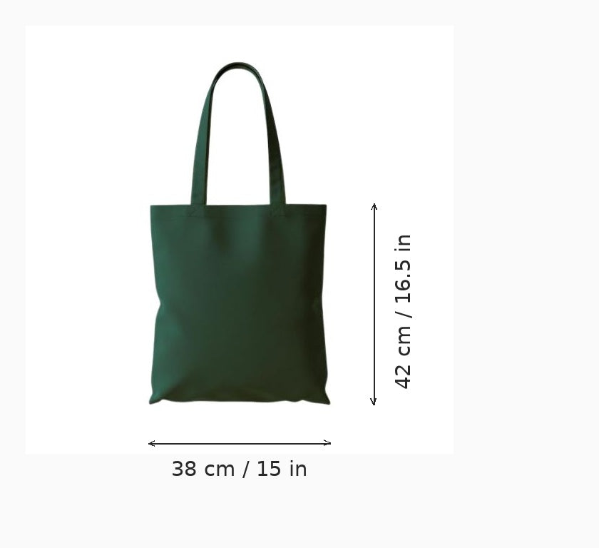Mörkgrön tygkasse med eget tryck, budget, 38 x 42 cm (15 x 16,5 tum), visas med bredd- och höjdmåttpilar