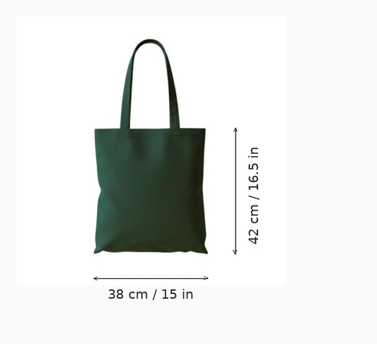 Dark green budget cotton tote bag with custom print, 38 x 42 cm (15 x 16.5 in), shown with width and height measurement arrows