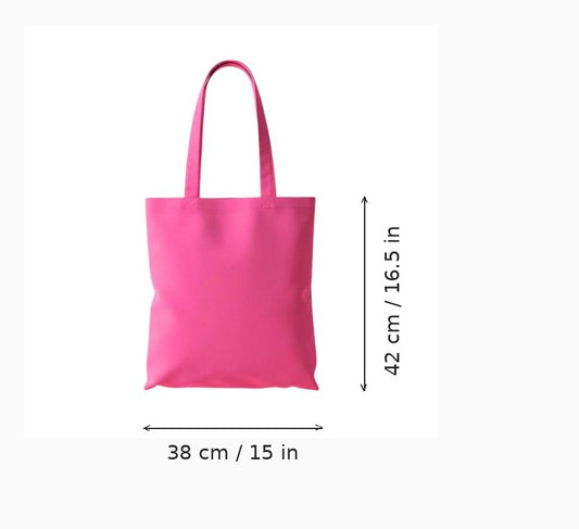 Magenta pink budget cotton tote bag with custom print, 38 x 42 cm (15 x 16.5 in), shown with width and height measurement arrows