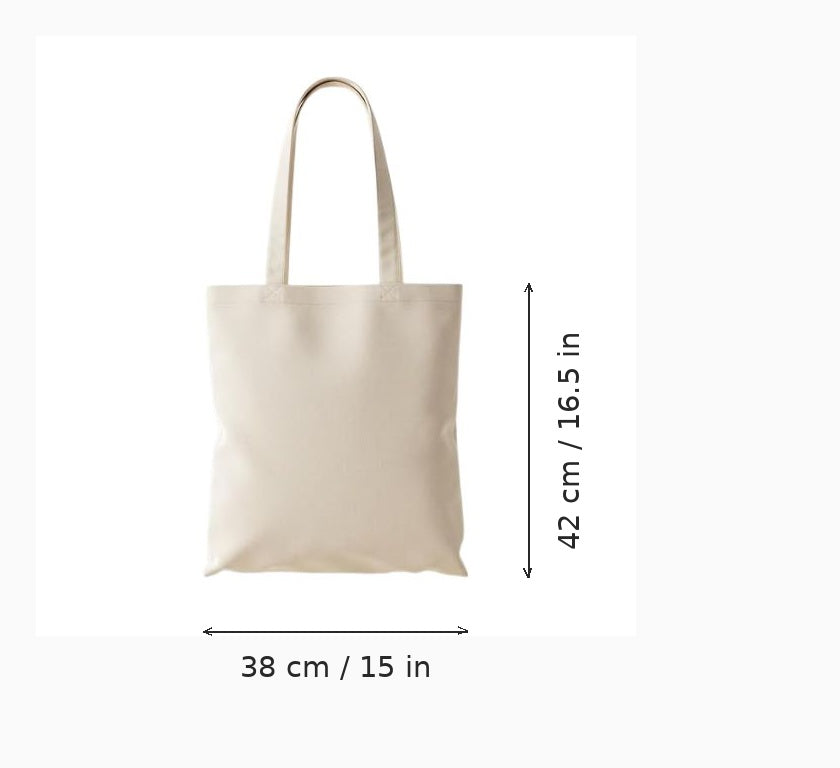 Naturvit tygkasse med eget tryck, budget, 38 x 42 cm (15 x 16,5 tum), visas med bredd- och höjdmåttpilar