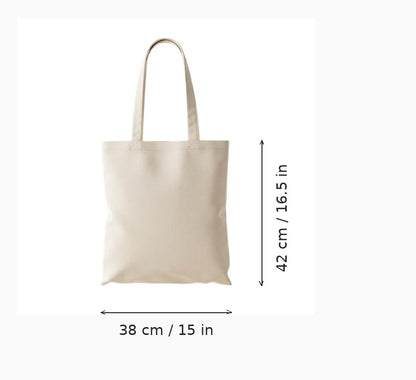 Naturvit tygkasse med eget tryck, budget, 38 x 42 cm (15 x 16,5 tum), visas med bredd- och höjdmåttpilar