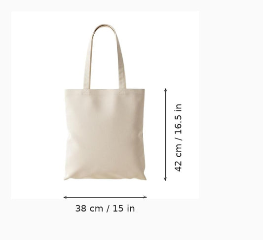 Natural white budget cotton tote bag with custom print, 38 x 42 cm (15 x 16.5 in), shown with width and height measurement arrows