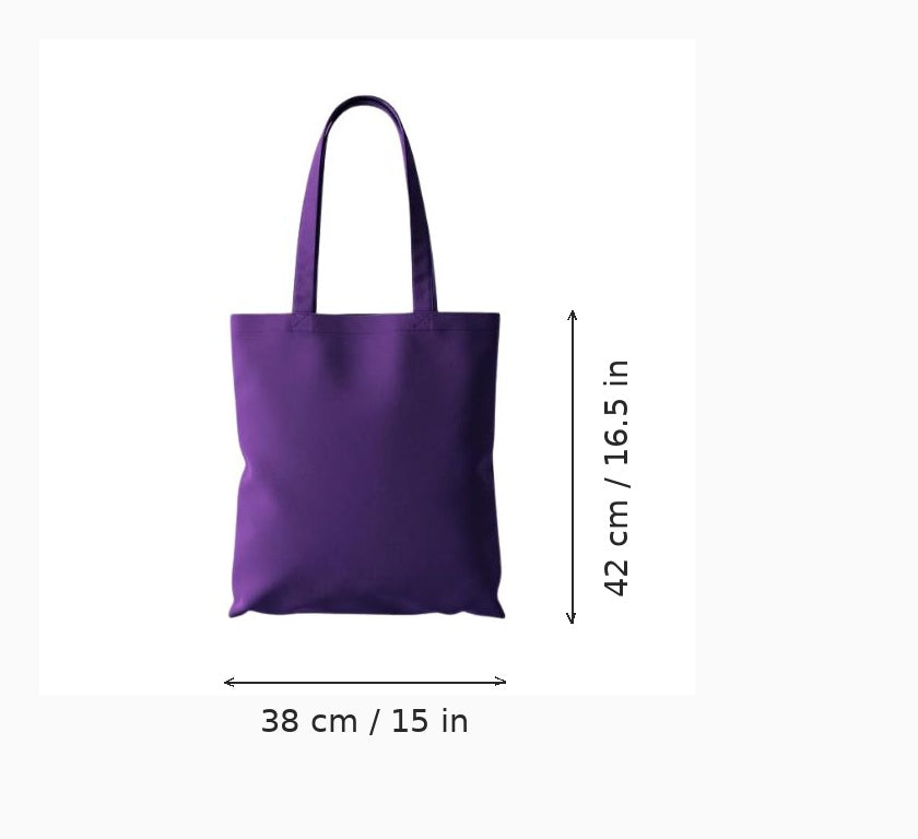 Lila tygkasse med eget tryck, budget, 38 x 42 cm (15 x 16,5 tum), visas med bredd- och höjdmåttpilar