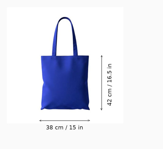 Royal blue budget cotton tote bag with custom print, 38 x 42 cm (15 x 16.5 in), shown with width and height measurement arrows