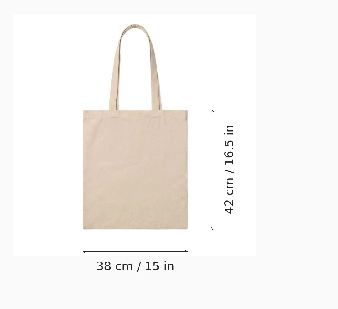 Luonnonvärinen kangaskassi logopainatuksella, 220 g/m², 38 x 42 cm – mittapiirros, joka näyttää leveyden ja korkeuden
