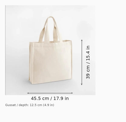 Naturvit tygkasse i återvunnen bomull med eget tryck (Chevron Handle Shopper), 407 g/m², 45,5 x 39 x 12,5 cm — måttdiagram med bredd, höjd och bottendjup