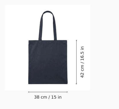 Laivastonsininen kangaskassi logopainatuksella, 220 g/m², 38 x 42 cm – mittapiirros, joka näyttää leveyden ja korkeuden