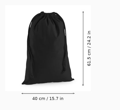 Sort bomulds-mulepose med snorelukning og eget tryk, størrelse L 40 x 61,5 cm (15,7 x 24,2 tommer), med målpile for bredde og højde