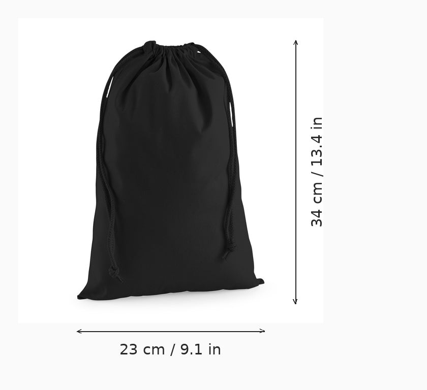 Black cotton drawstring pouch with custom logo print, S 23 x 34 cm (9.1 x 13.4 in), shown with width and height measurement arrows