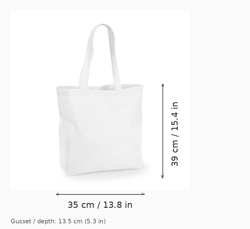 White canvas tote bag shown on a light gray background with dimension arrows and text indicating 35 cm width and 39 cm height.