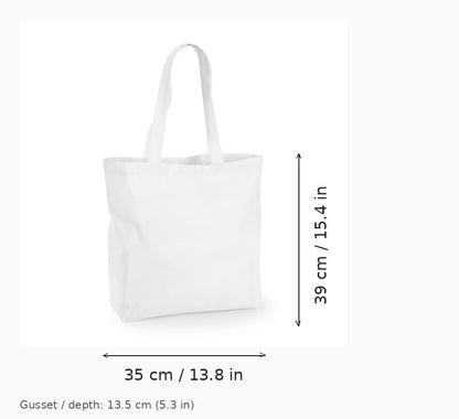 White canvas tote bag shown on a light gray background with dimension arrows and text indicating 35 cm width and 39 cm height.