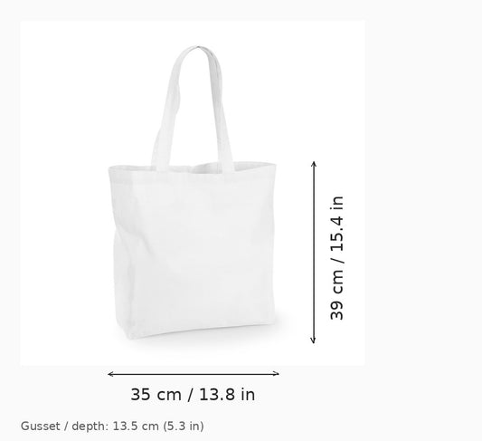 Hvid stor mulepose med sidefals og tryk, 35 x 39 x 13,5 cm – mulepose med mål for bredde og højde