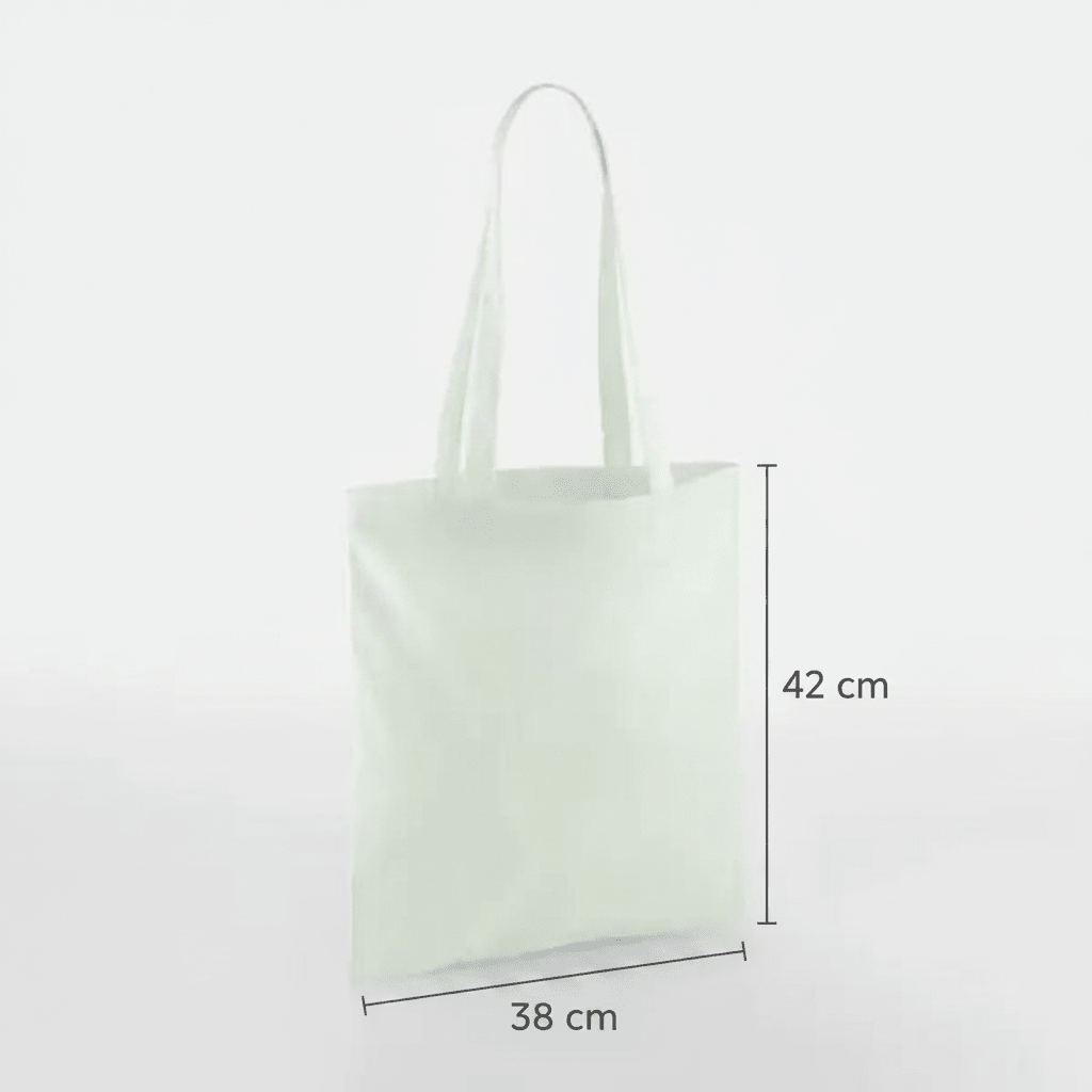 Bolsa de algodón clásica con asas largas, color verde menta pastel, con estampado personalizado, 38 × 42 cm, con marcas de altura y anchura