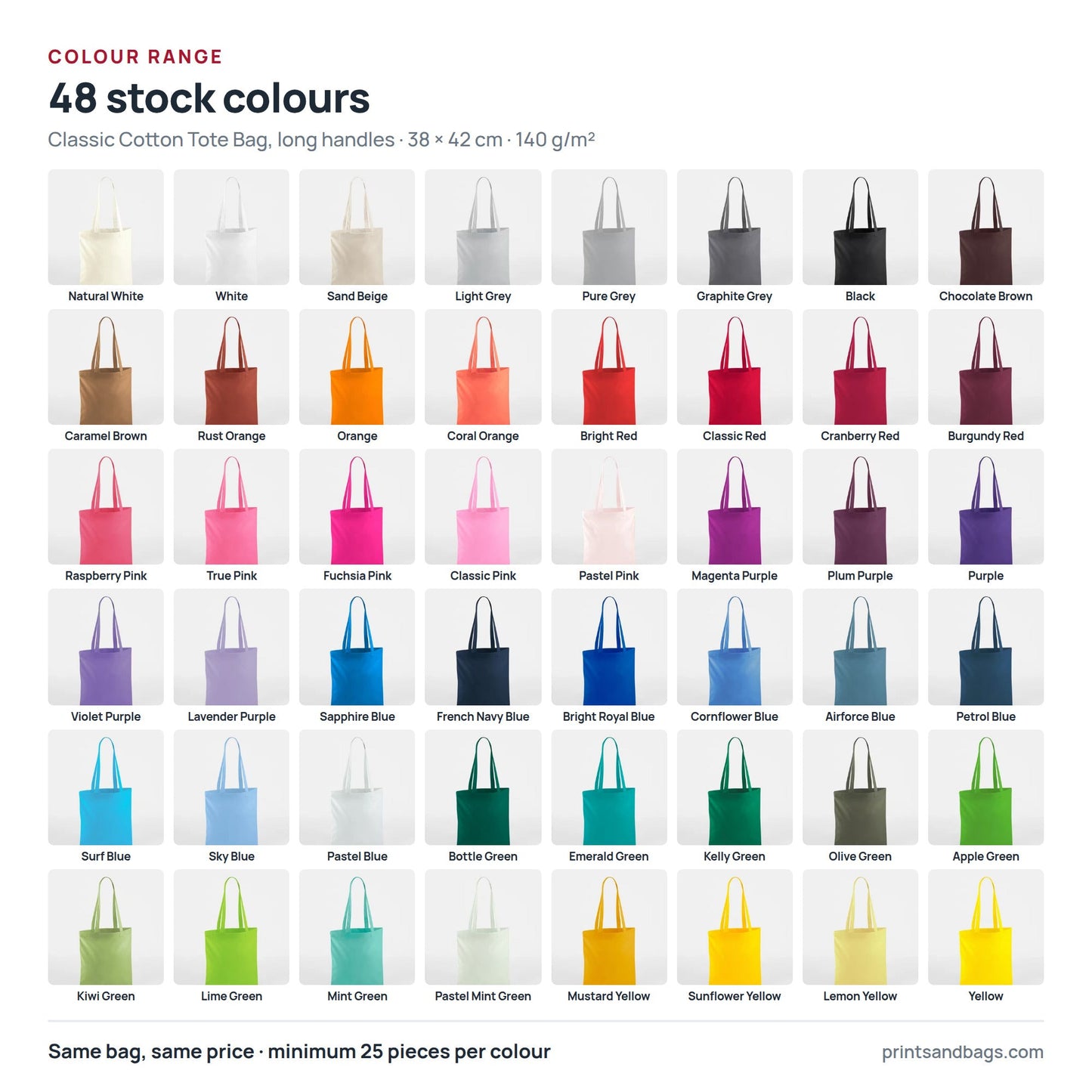 All 48 stock colours of the 38 × 42 cm classic cotton tote bag with long handles, 140 g/m²