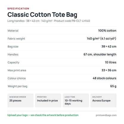 Specification of the 38 × 42 cm classic cotton tote bag with long handles: 100% cotton, 140 g/m², 10 litres, 67 cm handles, 33 × 36 cm print area