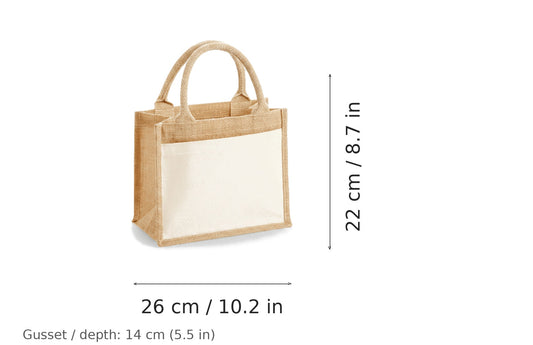 Borsa in juta naturale con tasca in cotone e stampa personalizzata, 410 g/m², 26 × 22 cm con soffietto da 14 cm, con misure di larghezza e altezza