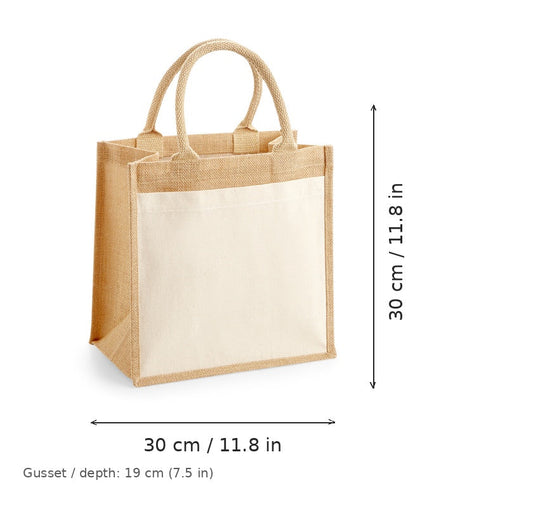 Borsa midi in juta naturale con tasca in cotone e stampa personalizzata, 340 g/m², 30 × 30 cm con soffietto da 19 cm, con misure di larghezza e altezza