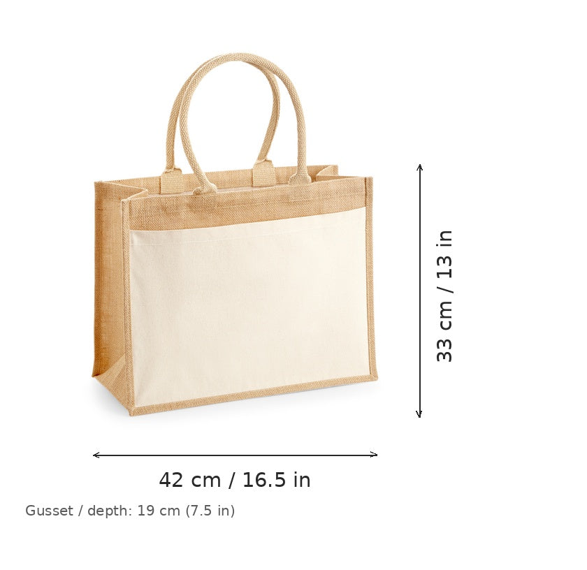 Shopper in juta naturale con tasca in cotone e stampa personalizzata, 340 g/m², 42 × 33 cm con soffietto da 19 cm, con misure di larghezza e altezza