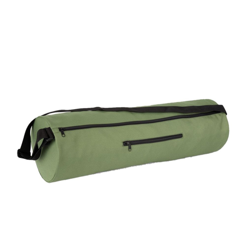 Matcha green yoga mat bag with long zip, zipped side pocket and black shoulder strap, 69 × 20 cm