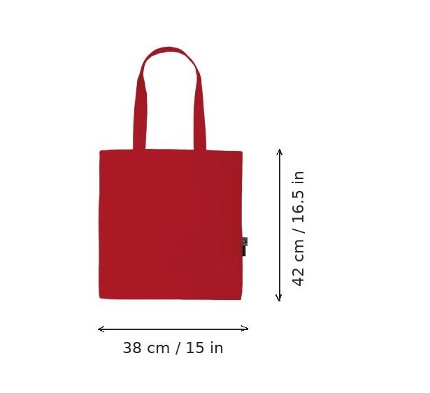 Bolsa de algodón orgánico ligera roja con estampado de logotipo, 120 g/m², 38 × 42 cm, con medidas de ancho y alto