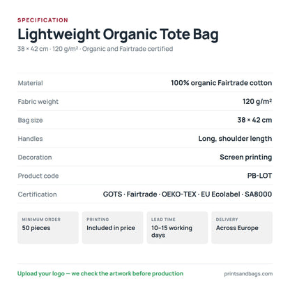 Especificaciones de la bolsa de tela de algodón orgánico ligera de 38 × 42 cm, 120 g/m²: 100% algodón orgánico Fairtrade, con certificación GOTS, OEKO-TEX y EU Ecolabel