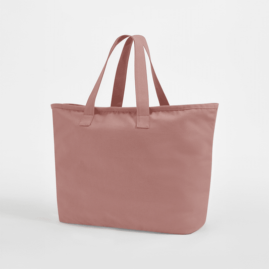 Vaaleanpunainen ylisuuri kangaskassi paksusta 475 g/m² puuvillacanvasista, 47 × 40 × 17 cm, valmis omalla logopainatuksella
