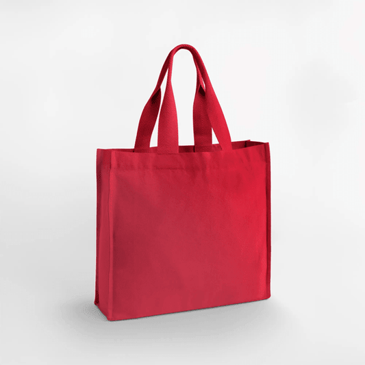Scarlet red Chevron Handle Shopper in 407 g/m² recycled cotton canvas, 45.5 × 39 × 12.5 cm, ready for custom logo print