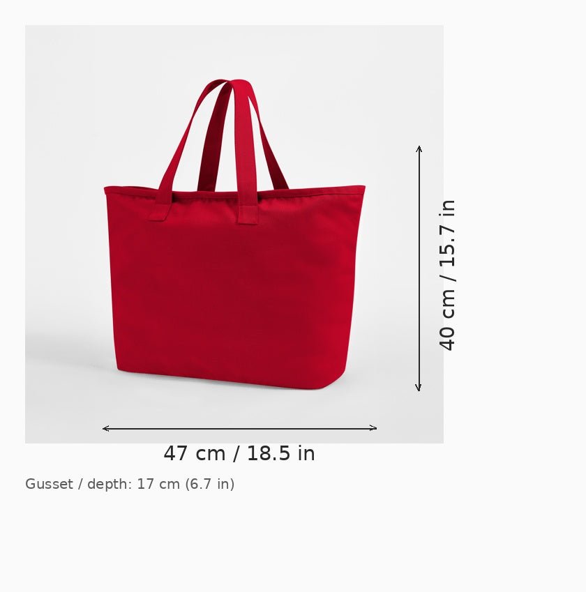 Scarlet Red Oversized Heavy Duty Canvas Tote Bag dimension diagram — 47 cm width × 40 cm body height, 17 cm gusset depth