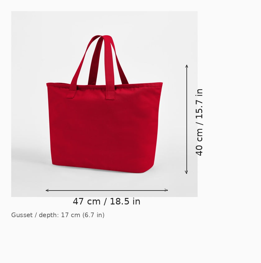 Scarlet red -värinen oversized-kangaskassi – mittapiirros: leveys 47 cm × rungon korkeus 40 cm, pohjan syvyys (gusset) 17 cm