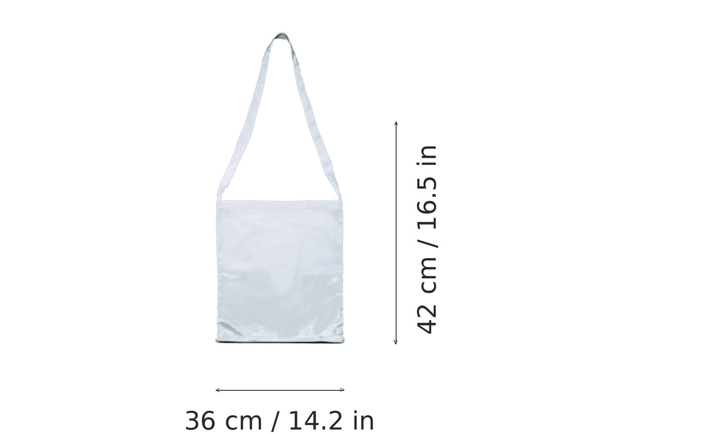 Hvid mulepose med skulderrem og eget tryk, 130 g/m², 36 × 42 cm, vist med mål for bredde og højde